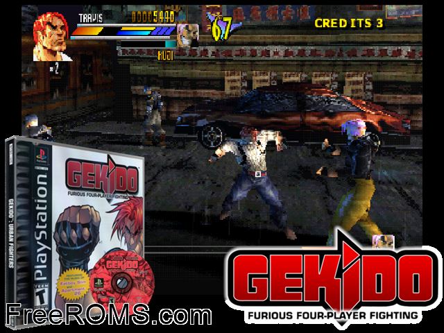 Gekido - Urban Fighters PSX game showing 3D box cover and gameplay screenshot