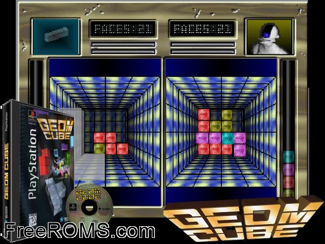Geom Cube PSX game showing 3D box cover and gameplay screenshot