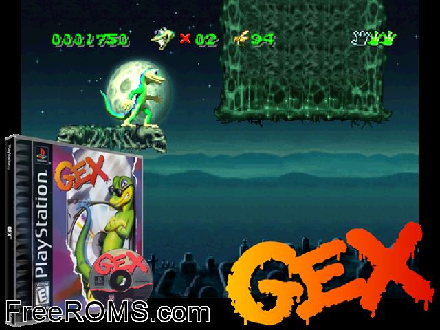 Gex PSX game showing 3D box cover and gameplay screenshot