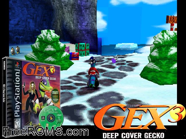 Gex 3 - Deep Cover Gecko (v1.1) PSX game showing 3D box cover and gameplay screenshot