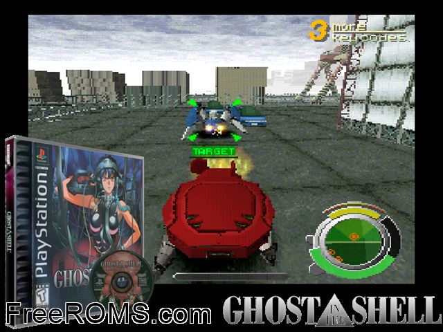 Ghost In The Shell PSX game showing 3D box cover and gameplay screenshot