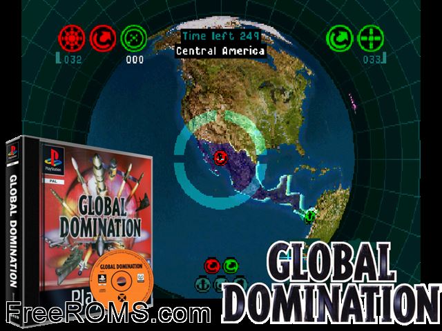 Global Domination PSX game showing 3D box cover and gameplay screenshot