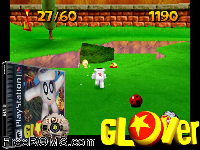 Glover PSX game showing 3D box cover and gameplay screenshot