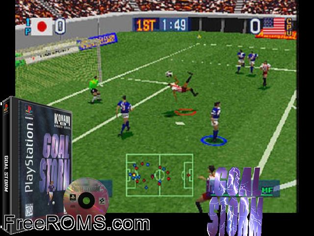 Goal Storm PSX game showing 3D box cover and gameplay screenshot