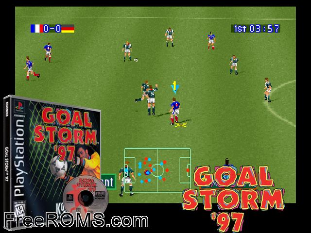 Goal Storm '97 PSX game showing 3D box cover and gameplay screenshot