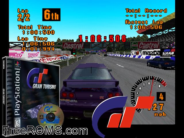 Gran Turismo (v1.0) PSX game showing 3D box cover and gameplay screenshot