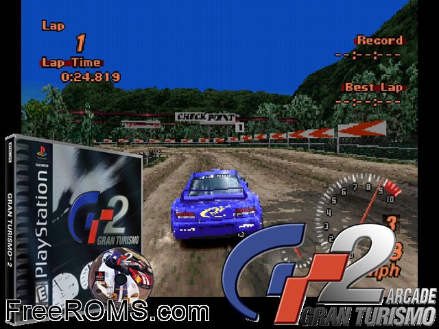 Gran Turismo 2 (v1.0) (Disc 1) (Arcade Mode Disc) PSX game showing 3D box cover and gameplay screenshot
