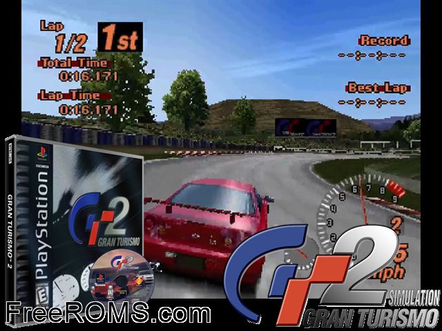 Gran Turismo 2 (v1.0) (Disc 2) (Simulation Mode Disc) PSX game showing 3D box cover and gameplay screenshot