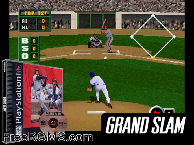 Grand Slam '97 PSX game showing 3D box cover and gameplay screenshot