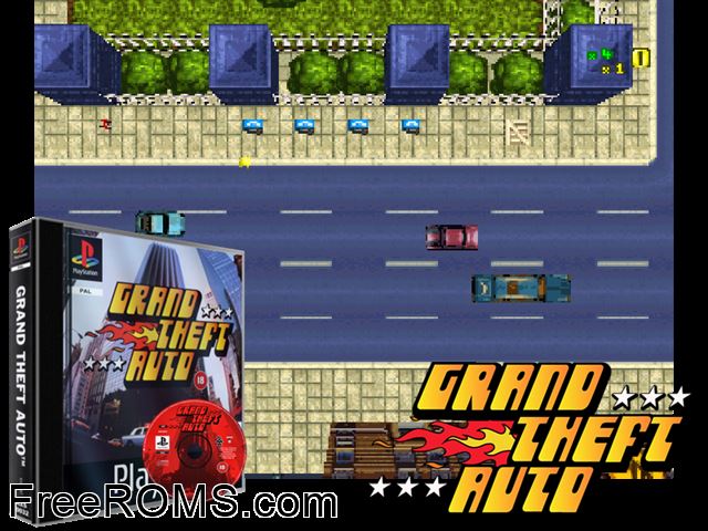 Grand Theft Auto PSX game showing 3D box cover and gameplay screenshot