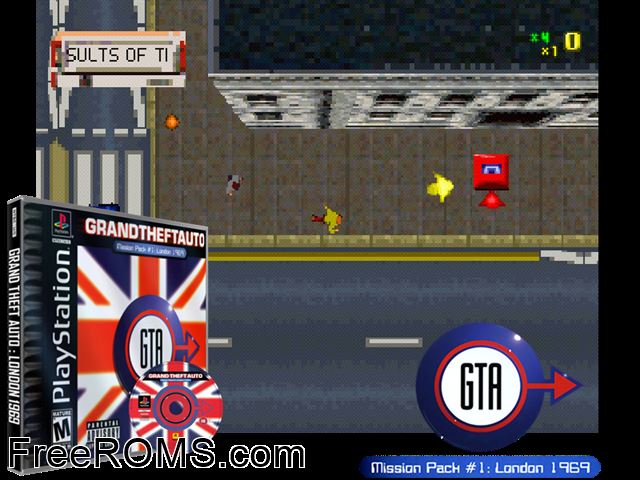 Grand Theft Auto - Mission Pack 1 - London 1969 PSX game showing 3D box cover and gameplay screenshot