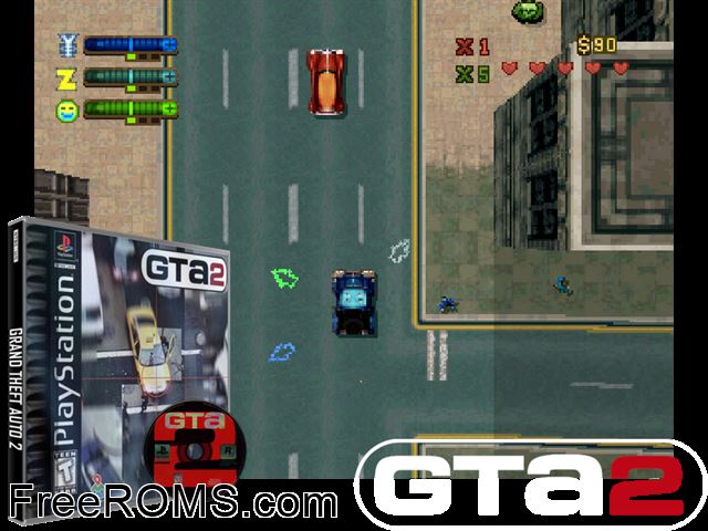 Grand Theft Auto 2 PSX game showing 3D box cover and gameplay screenshot