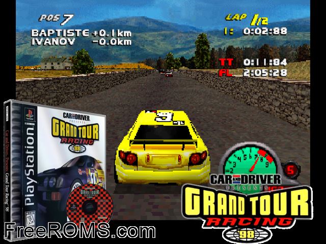 Grand Tour Racing '98 PSX game showing 3D box cover and gameplay screenshot