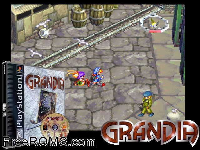 Grandia (Disc 1) PSX game showing 3D box cover and gameplay screenshot