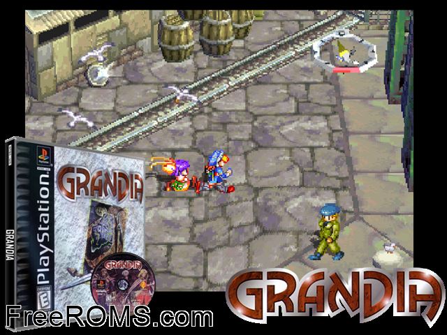 Grandia (Disc 2) PSX game showing 3D box cover and gameplay screenshot