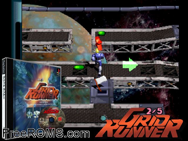 Grid Runner PSX game showing 3D box cover and gameplay screenshot