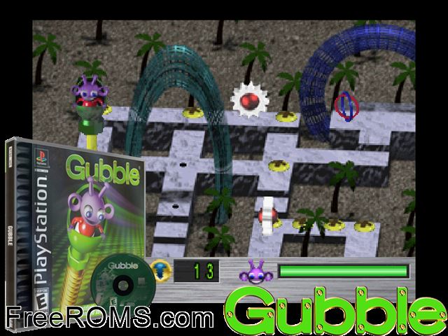 Gubble PSX game showing 3D box cover and gameplay screenshot