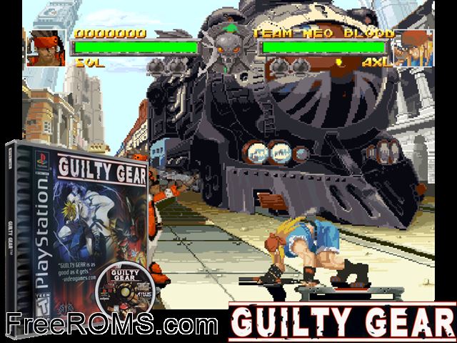 Guilty Gear PSX game showing 3D box cover and gameplay screenshot