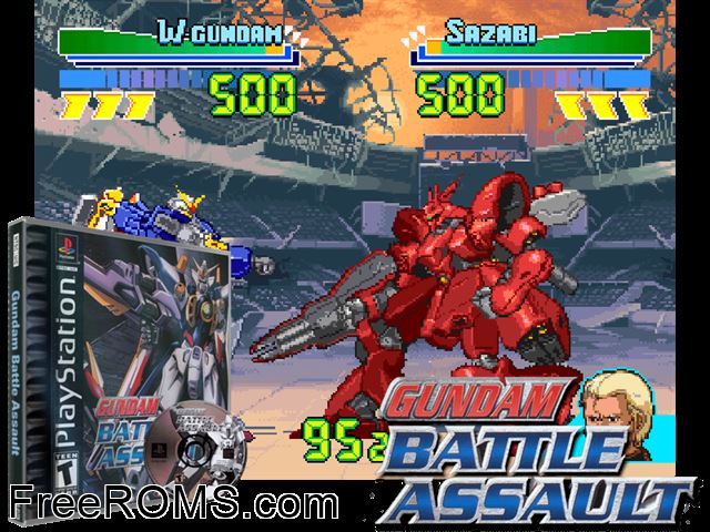 Gundam Battle Assault PSX game showing 3D box cover and gameplay screenshot