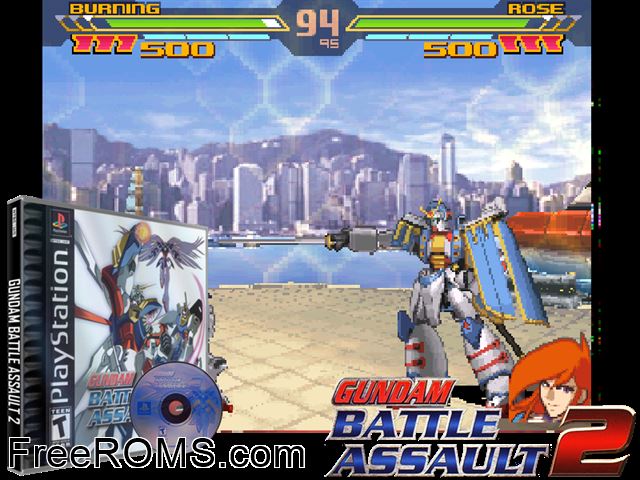 Gundam Battle Assault 2 PSX game showing 3D box cover and gameplay screenshot