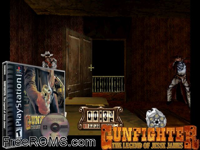 Gunfighter - The Legend Of Jesse James PSX game showing 3D box cover and gameplay screenshot