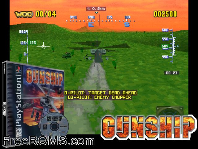 Gunship PSX game showing 3D box cover and gameplay screenshot