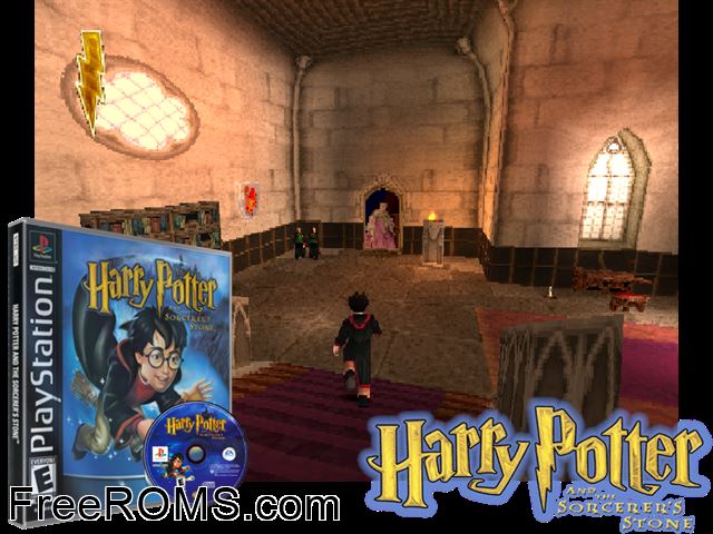 Harry Potter And The Sorcerers Stone (En,Fr,Es) PSX game showing 3D box cover and gameplay screenshot