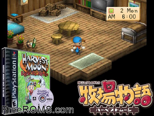 Harvest Moon - Back to Nature PSX game showing 3D box cover and gameplay screenshot