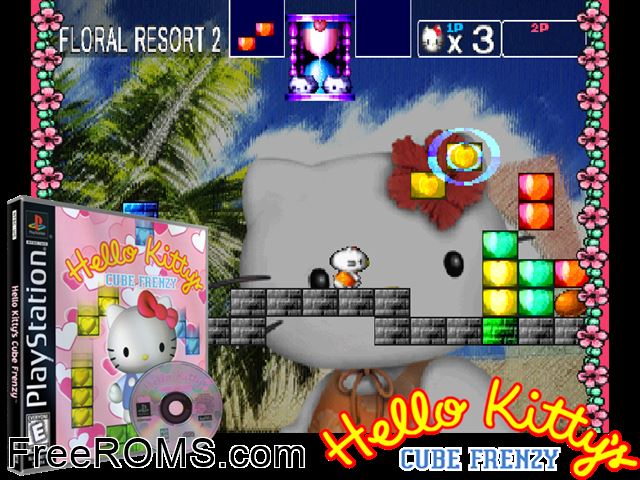 Hello Kitty - Cube Frenzy PSX game showing 3D box cover and gameplay screenshot