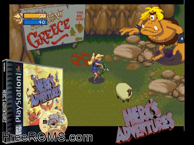 Herc's Adventures PSX game showing 3D box cover and gameplay screenshot