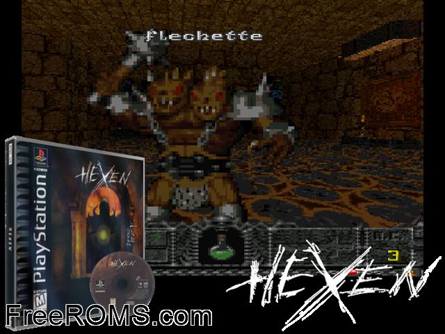 Hexen - Beyond Heretic PSX game showing 3D box cover and gameplay screenshot