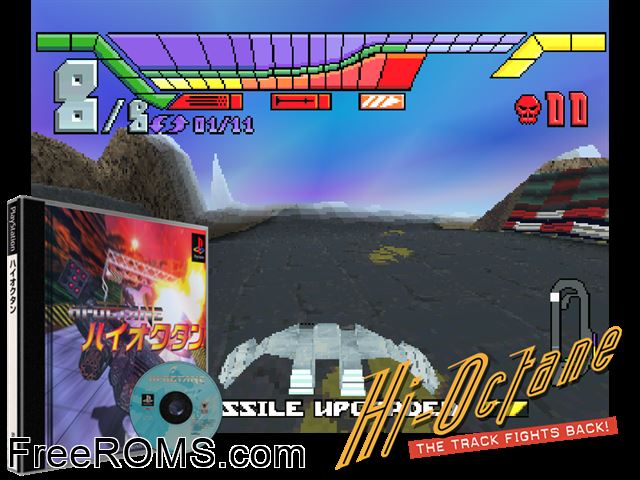 Hi-Octane - The Track Fights Back PSX game showing 3D box cover and gameplay screenshot
