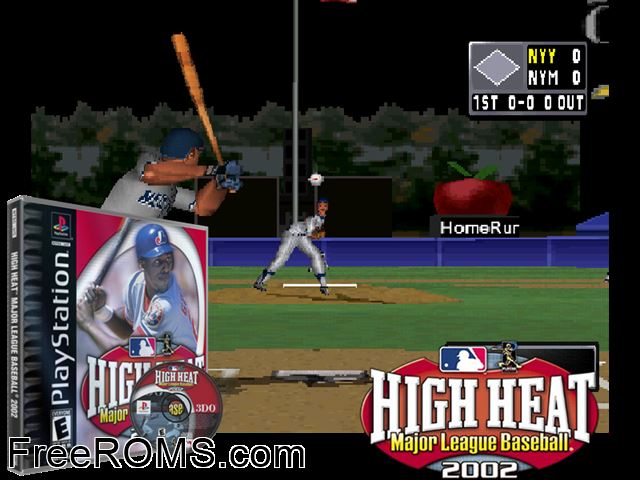 High Heat - Major League Baseball 2002 PSX game showing 3D box cover and gameplay screenshot