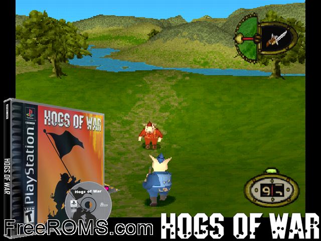 Hogs Of War PSX game showing 3D box cover and gameplay screenshot