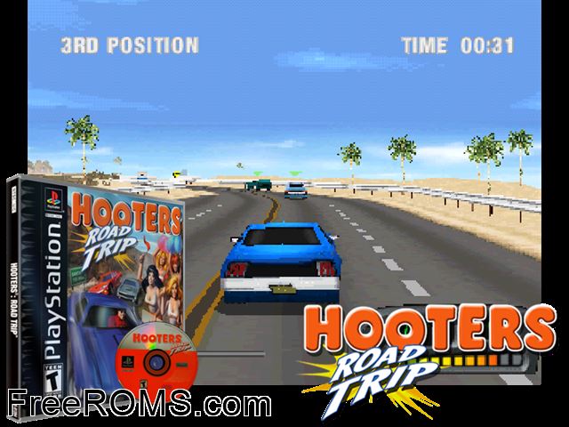 Hooters Road Trip PSX game showing 3D box cover and gameplay screenshot