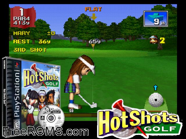 Hot Shots Golf PSX game showing 3D box cover and gameplay screenshot