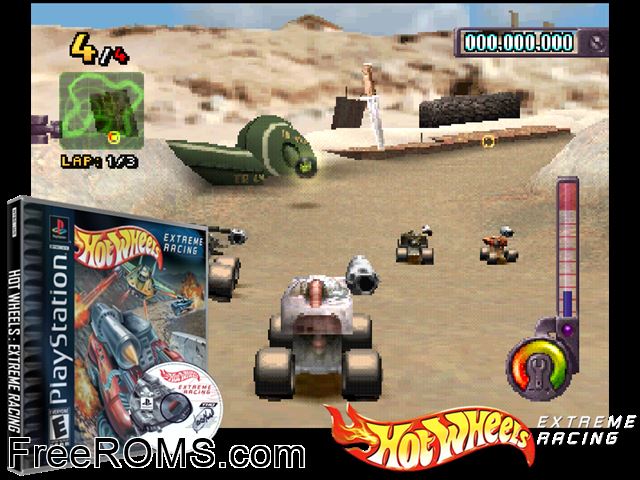 Hot Wheels - Extreme Racing PSX game showing 3D box cover and gameplay screenshot