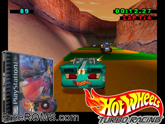 Hot Wheels - Turbo Racing PSX game showing 3D box cover and gameplay screenshot