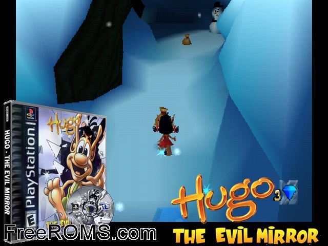 Hugo - The Evil Mirror PSX game showing 3D box cover and gameplay screenshot