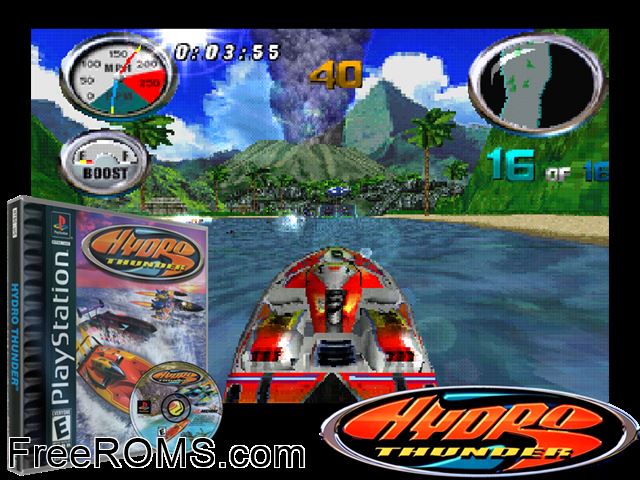 Hydro Thunder PSX game showing 3D box cover and gameplay screenshot