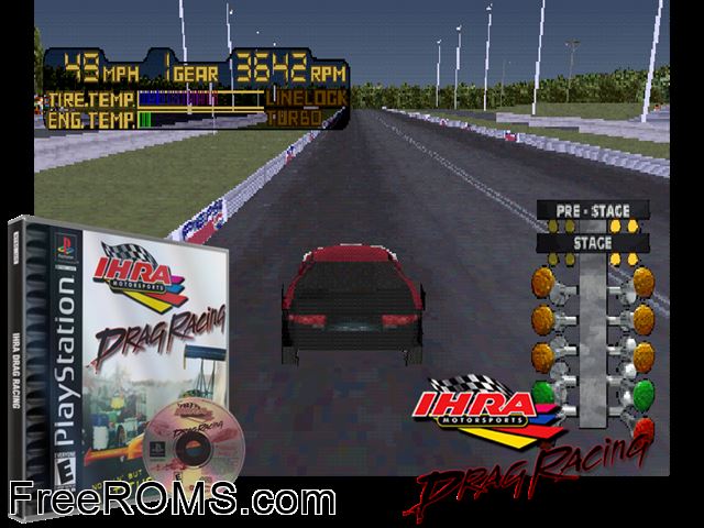 IHRA Drag Racing PSX game showing 3D box cover and gameplay screenshot