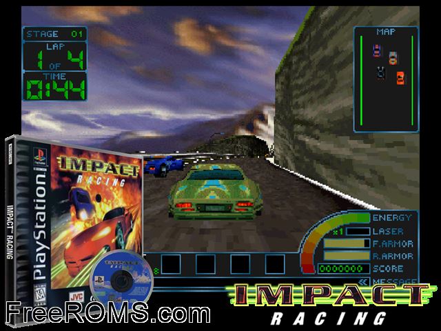Impact Racing PSX game showing 3D box cover and gameplay screenshot