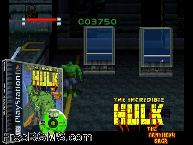 Incredible Hulk, The - The Pantheon Saga PSX game showing 3D box cover and gameplay screenshot