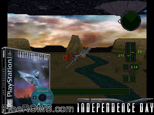 Independence Day PSX game showing 3D box cover and gameplay screenshot