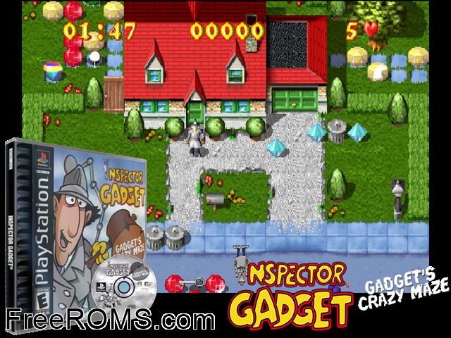 Inspector Gadget - Gadget's Crazy Maze PSX game showing 3D box cover and gameplay screenshot