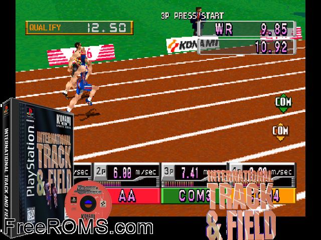 International Track and Field PSX game showing 3D box cover and gameplay screenshot
