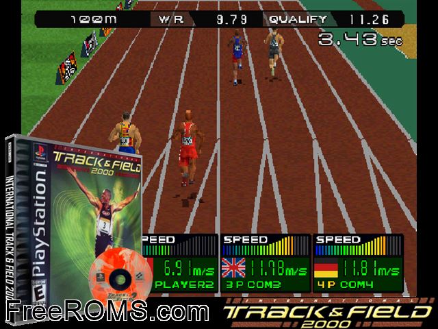 International Track and Field 2000 PSX game showing 3D box cover and gameplay screenshot
