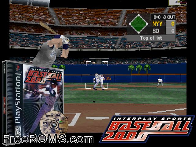 Interplay Sports Baseball 2000 PSX game showing 3D box cover and gameplay screenshot