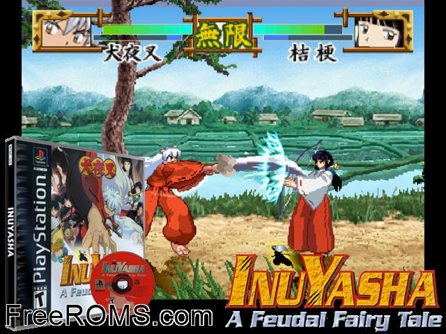 Inuyasha - A Feudal Fairy Tale PSX game showing 3D box cover and gameplay screenshot