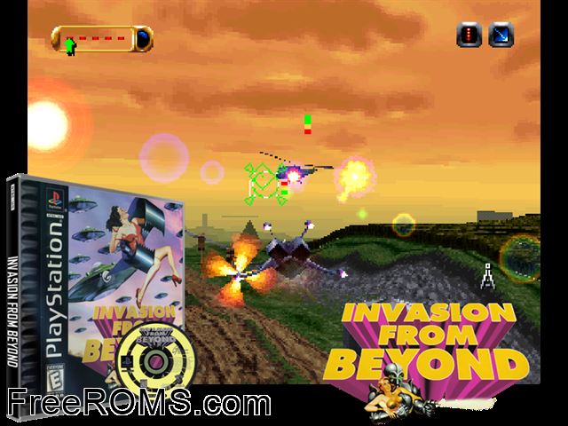 Invasion From Beyond - B-Movie PSX game showing 3D box cover and gameplay screenshot